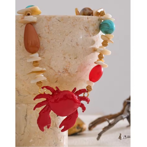 Red Crab Coastal Multicolor Beaded Gold Necklace - Picture 6 of 9
